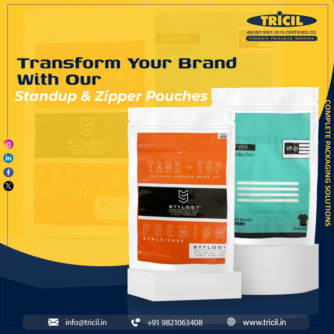 TricilLtd's tweet image. Unlock the Power of Packaging! Elevate your brand with our Standup &amp;amp; Zipper Pouches. Your products, our style.

Contact us
Call: +91 9821063408
Email: info@tricil.in
Website: tricil.in

#PackagingSolutions #StandoutPouches #packagingprint #Tricilpackagingsolutiona