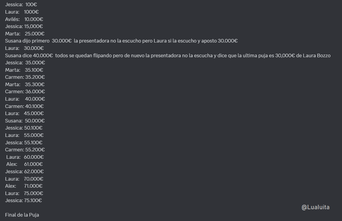 Luaulita's tweet image. Así fue la puja desastre.
#GHVIP26O #GHVIP27O #GHVIPGala7