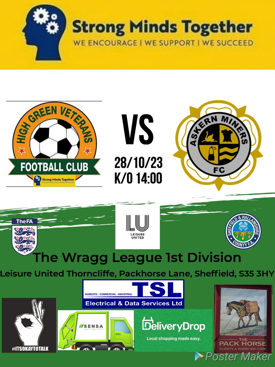 League action this Saturday 28th Oct at home Vs Askern Miners FC 

Venue @leisureunited.S35
Kick off 14:00

Match Day Kit Sponsors
@Sensa_Waste
@packhorsehighgreen

Match Ball Sponsor
@DeliveryDrop1

Pre-Match Tops Sponsor
@TSLElectrical

In partnership with
@StrongMindsTog1