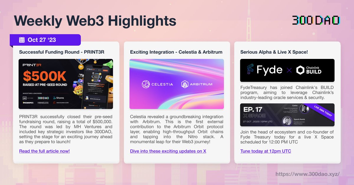 300DAOxyz's tweet photo. 📣 Welcome to this week's #PortfolioUpdates from @300DAOxyz!

We've got exciting news from @PRINT3Rxyz, integrations from @CelestiaOrg, and a special announcement from @FydeTreasury. 

Let's dive in! 🚀 https://t.co/Hd67Qb9zvk