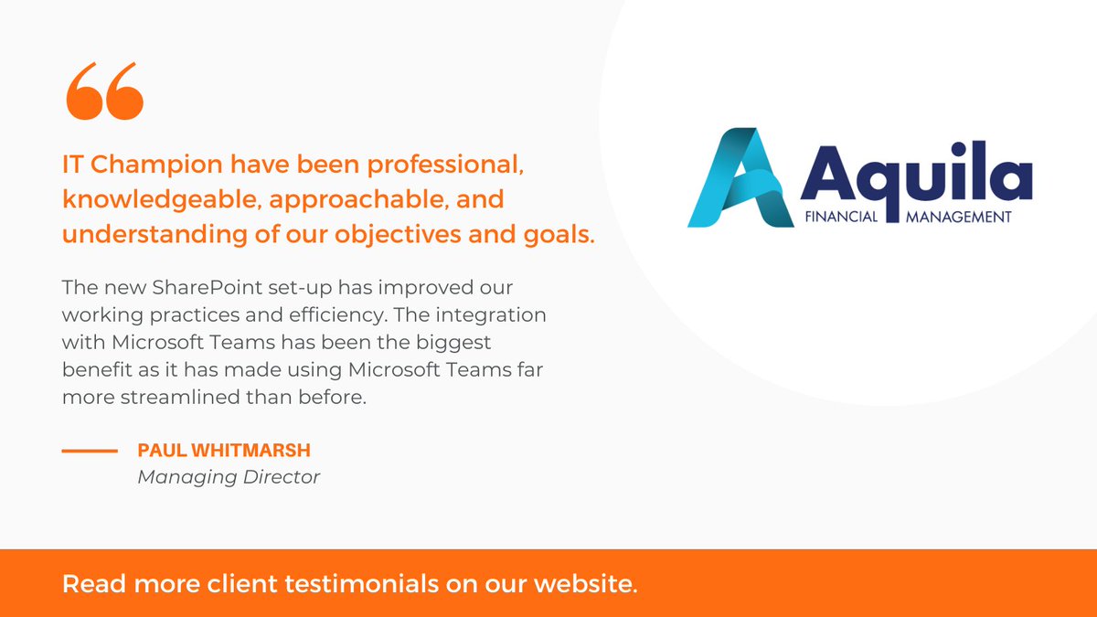 IT_Champions's tweet image. We are thrilled to share a new testimonial from Aquila Financial Management Ltd. @AquilaFM

Check out the full testimonial on our website: bit.ly/46Ew6Yc

#ClientTestimonial #CloudMigration #SharePointSolutions #EfficiencyBoost #PartnershipSuccess #BusinessTransformation