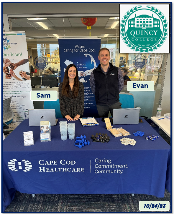 CCHCCareers's tweet photo. CCHC’s Sr. Recruiters Sam and Evan were front and center at the Quincy College Career Fairs this week.  We want to thank all the students who came by to learn more about the opportunities available at CCHC.  
#CCHC #CaringCommittmentCommunity #CCHCCareers #Nursing #QuincyCollege https://t.co/HPHUodW5OW