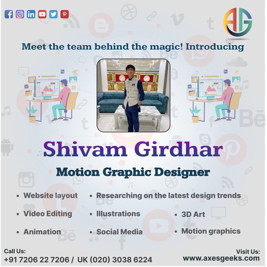 GeeksAxes's tweet photo. Meet the amazing souls behind the scenes! Today, we're shining the spotlight on Shivam, our creative genius. 🌟 
☎️ Phone: 07206227206 / UK(020) 30386224
📩 E-Mail: info@axesgeeks.com
🌎 Website: https://t.co/twPhEOf4rd
#TeamSpotlight #Graphicdesigner #Axesgeeks #digitalmarketing https://t.co/jQ4p6qeGMB