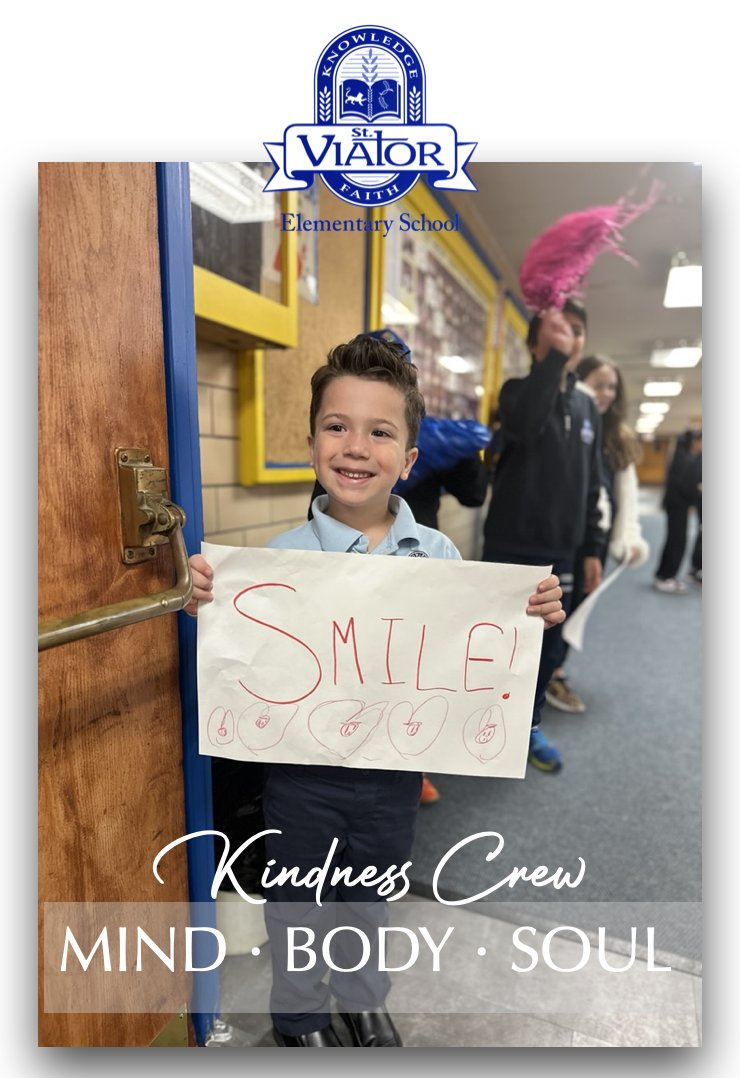 St. Viator is blessed to have a Kindness Crew that brings our Catholic faith into action.  Our student-run Kindness Crew is mentored by our 5th grade teacher, Mrs. Iannelli. #CatholicSchoolsRock #KindnessCrew @chicathschools
