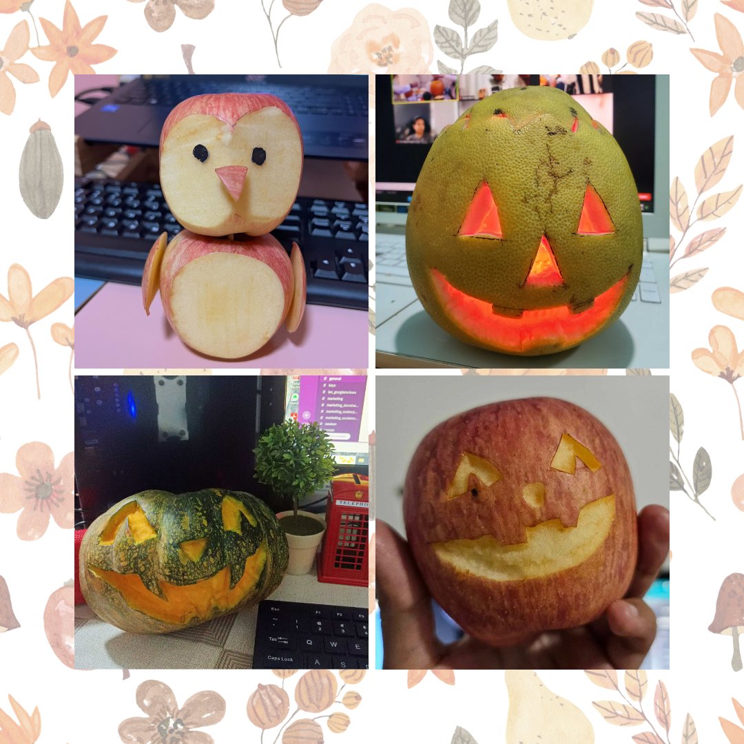 londonexec's tweet photo. 🎃 No pumpkins? No problem! Our remote team in the Philippines put a tropical twist on Halloween carving. From apples to melons to squash, their creativity knows no bounds!  🍎🍉👻 #TropicalHalloween #FruitCarvingChallenge https://t.co/jnsHWKbjtP