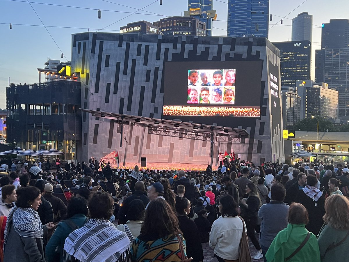 iamthenas's tweet photo. Thank you @FedSquare and @cityofmelbourne for standing up to the Israeli lobby pressure. 

Palestine belongs!

Australian Palestinians belong!

Our pain and suffering must be acknowledged like any other communities. 

A beautiful, somber and moving evening

Free Palestine! https://t.co/65Ec7RuEH5