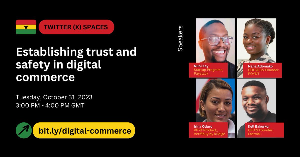 Next stop — Ghana 🇬🇭 

Super excited to be hosting a #XSpaces on Establishing trust and safety in Digital Commerce 

Tune to hear from 3 Ghana-based startups - <a href="/itspoynt/">Poynt app</a> <a href="/Lastmals/">Lastmal</a> and <a href="/myvbuy/">VBuy</a> by <a href="/kudigoinc/">VBuy Inc</a>

You don’t want to miss this, so set a reminder —  x.com/i/spaces/1eaKb…