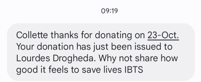 dunne_collette's tweet photo. Nice to get this message again. Give blood if you can, stocks are low 🩸
You get free chocolate 🍫😋 https://t.co/LMOQrXniIr