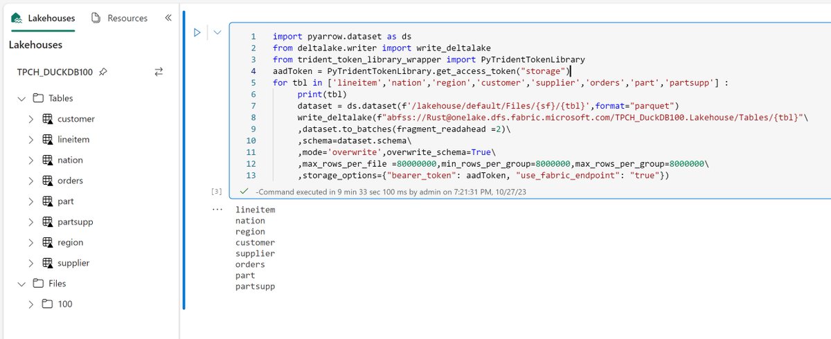 mim_djo's tweet image. Loaded TPCH_SF100 to #Fabric Lakehouse using pyarrow and #Deltatable Rust,  rowgroup=8M and max file 80M for no particular reason 🤪😅 performance is slightly better than the data loaded using Spark :)