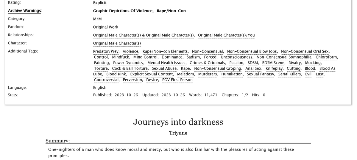 gentways's tweet photo. Journeys into darkness
One-nighters of a serial murderer
https://t.co/IMPEhLECw2

#darkfic #original #noncon #abuse #sadism #rape #torture #mindfuck #cbt #anal #oral #blood #violence #humiliation #maledom #knifeplay #evil #passion #sensual #serialkiller #nsfw https://t.co/uU9VqVcWry