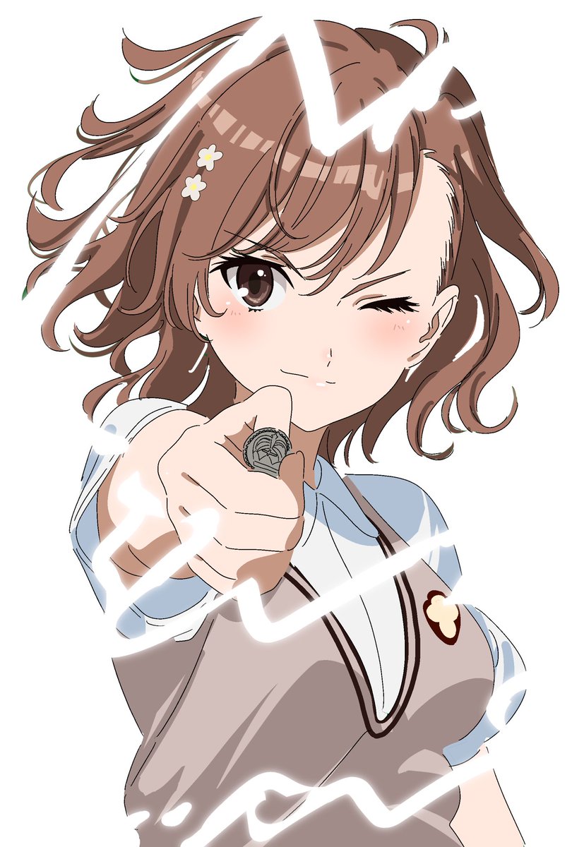 misaka mikoto 1girl coin tokiwadai school uniform brown hair brown eyes solo one eye closed  illustration images