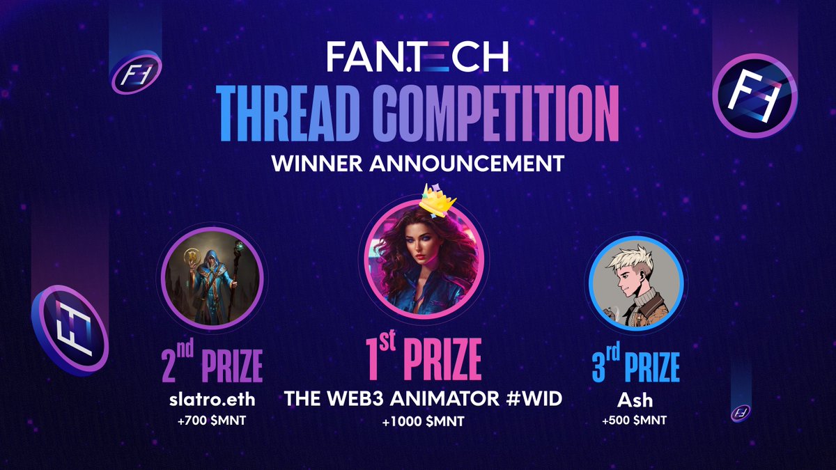Announcing the winners of our Thread Competition!! 🥳🥳

Thank you everyone for participating, and congratulations to our winners:
🎁 3rd place <a href="/blockscriber/">𝓐𝓼𝓱</a>
🎁 2nd place <a href="/slatro_eth/">Slatro</a>
🎁 1st place <a href="/michelle_vibez/">THE WEB3 ANIMATOR #WID</a>

Winners, please DM us at <a href="/joinfantech/">fan.tech</a> to claim your prize.