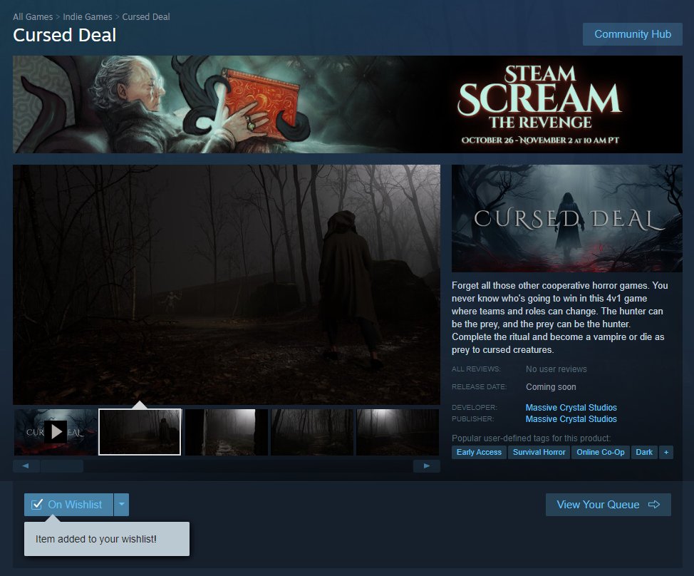 Cursed Deal is on #SteamScreamFest, add your wishlist! 👻

🔗store.steampowered.com/app/703680/Cur…

ℹ️ Cursed Deal is a co-op horror indie game. 

Escaping is not your only option. In this game, the balance can change at any moment. Focus on your goal and complete the ritual. As you turn into
