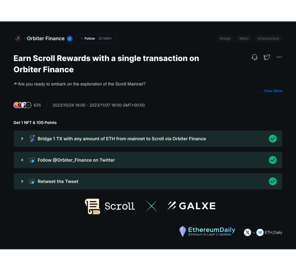<a href="/Scroll_ZKP/">Scroll</a> <a href="/Orbiter_Finance/">Orbiter Finance 🛸</a> 2/ Complete all the social tasks

• Follow <a href="/Orbiter_Finance/">Orbiter Finance 🛸</a>
• Retweet the Tweet
🔗x.com/intent/retweet…

✅ Claim a NFT on Galxe: galxe.com/OrbiterFinance…
✅ Claim fees: $0.1 $ETH on Scroll mainnet