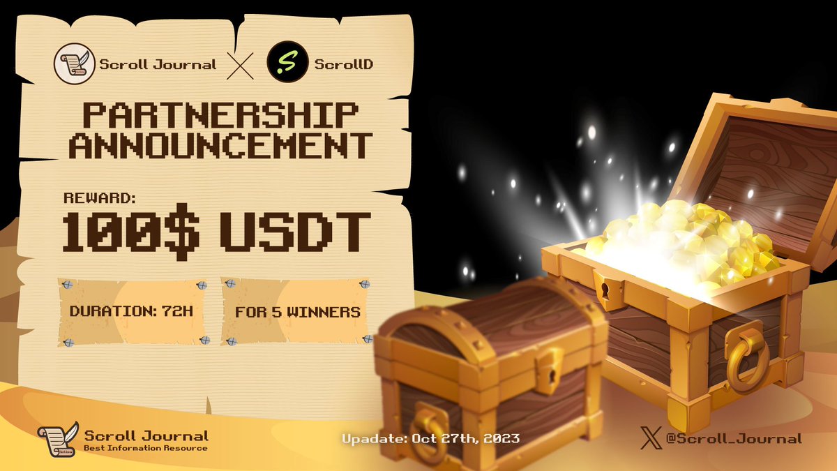 Scroll_Journal's tweet image. 🔥PARTNERSHIP ANNOUNCEMENT🔥
@Scroll_Journal🤝@Scrol_ID

🎟 Giveaway 100$ USDT for 5 winners

🏆 To win
1️⃣ Follow @Scroll_Journal &amp;amp; @Scrol_ID
2️⃣ ❤️ + Repost + Tag 3 friends
3⃣ Join telegram t.me/scroll_journal

⏰ 72H
#Scroll #ScrollEcosystem #Giveaway