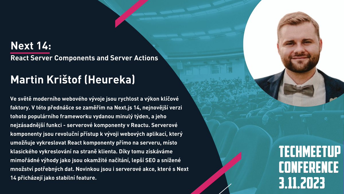 techmeetupcz's tweet photo. Minulý týden vyšel Next.js 14 a Martin Krištof a si pro vás už připravil přednášku, ve které prozkoumáte hlavní koncepty Next.js 14.
Lísky můžete koupit na https://t.co/y7xrrKUfDF
A více o programu naleznete na https://t.co/LlUgjw5J8l
Budeme se na vás těšit! https://t.co/eeX1mApmW3