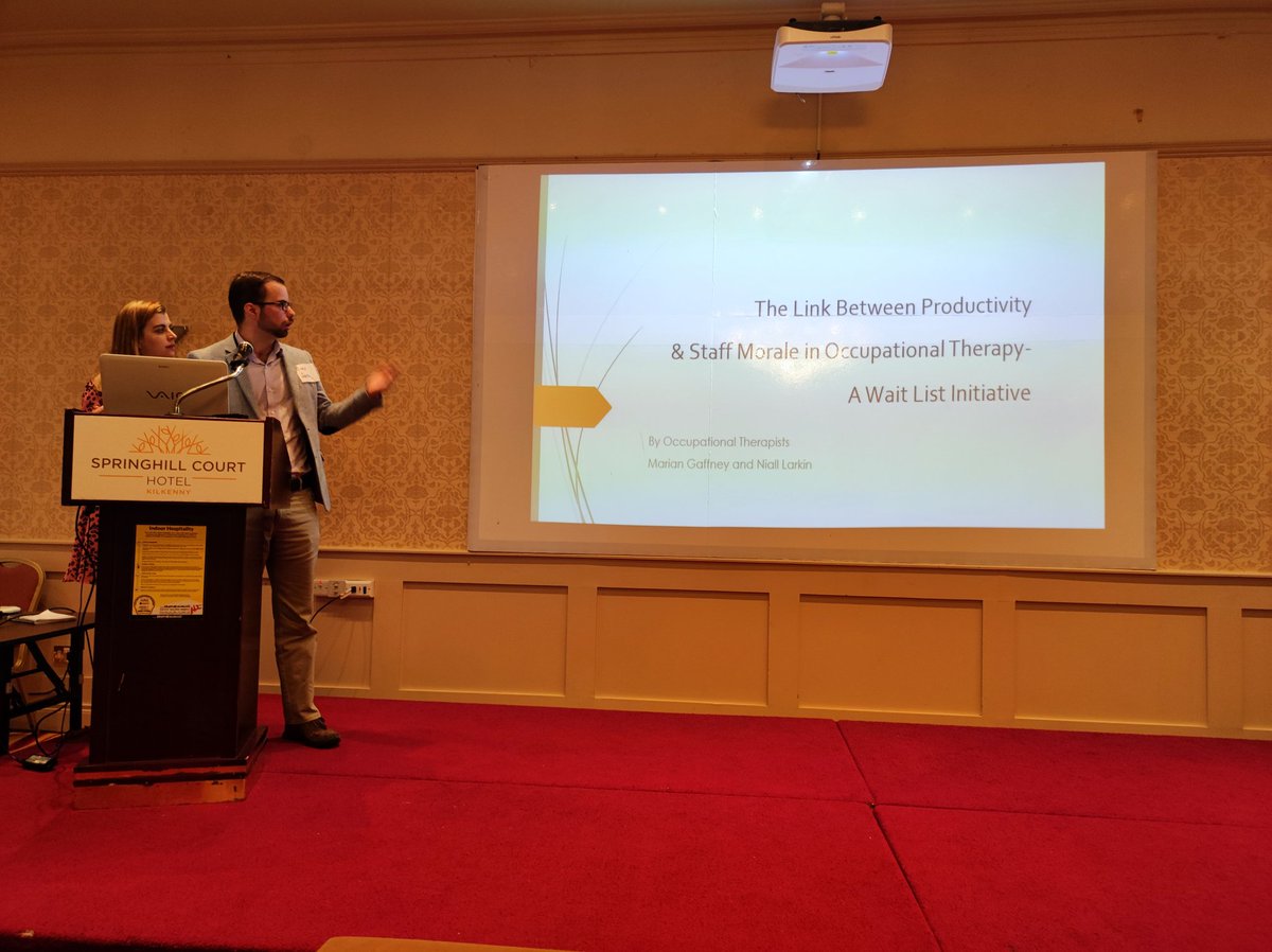 SLGHOT's tweet photo. Our last presentation before lunch 🌮
'The Link Between Productivity, Job Satisfaction and Staff Moral in Occupational Therapy - A Lean waitlist initiative'. Presented by the inspiring duo: Marian Gaffney and Niall Larkin 
#OccupationalTherapy
#jobsatisfaction
#waitlists https://t.co/r90O6r0C4n