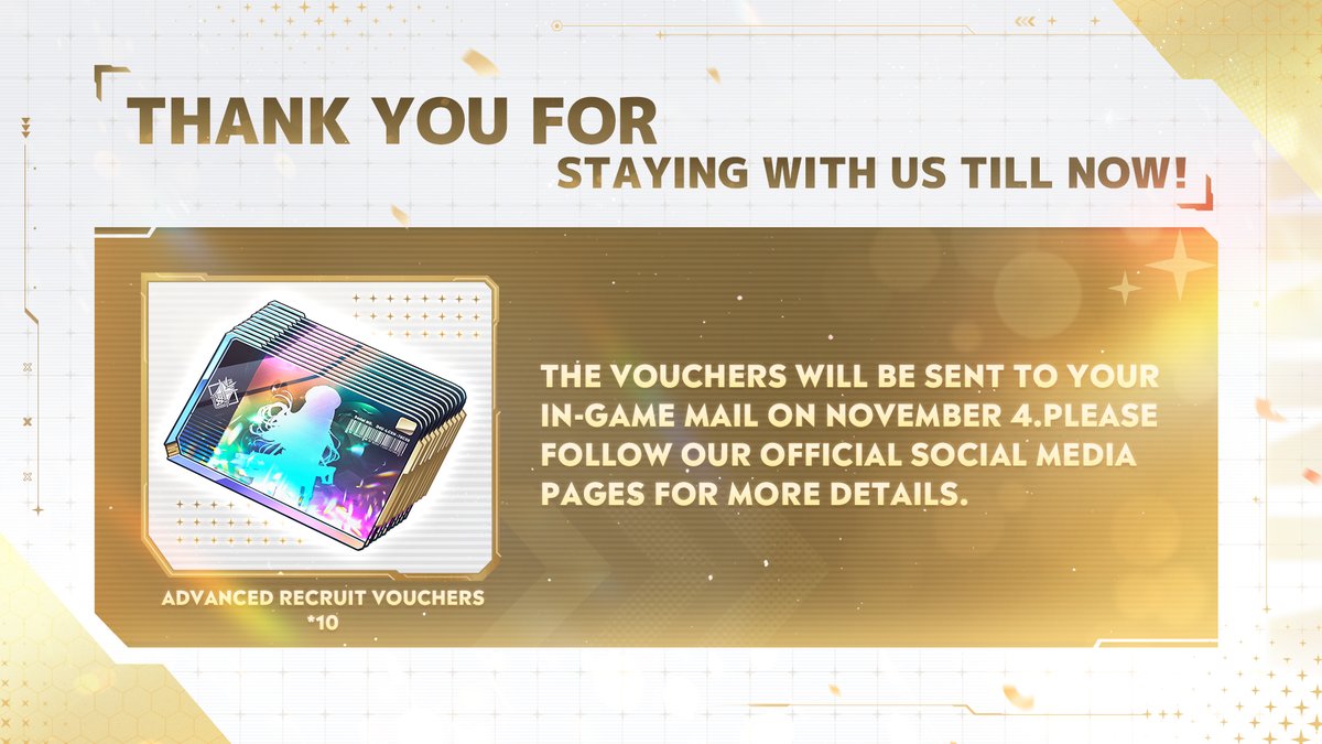 NIKKE_en's tweet photo. 【1st Anniversary Livestream Special Milestone Reward】

Rewards Claim Period
📅 After 11/4

Rewards
💎 Advanced Recruit Vouchers *10

The vouchers will be sent to your in-game mail on 11/4.

Stay tuned for more info!

#NIKKE
#NIKKE1stAnniversary
#NIKKE1stAnnivLivestreamRewards https://t.co/dfml6WXttK