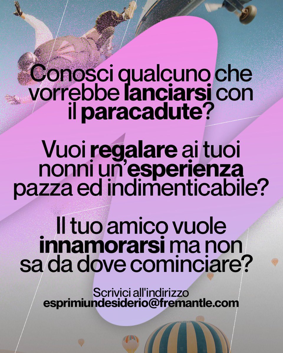 fabiopastrello's tweet photo. Vuoi fare
Una sorpresa
A qualcuno? Vuoi dargli una piccola lezione? Oppure vuoi aiutarlo ad esaudire
Un desiderio? esprimiundesiderio@fremantle.com 
#nuovoprogrammatv https://t.co/uBm7khFd7M