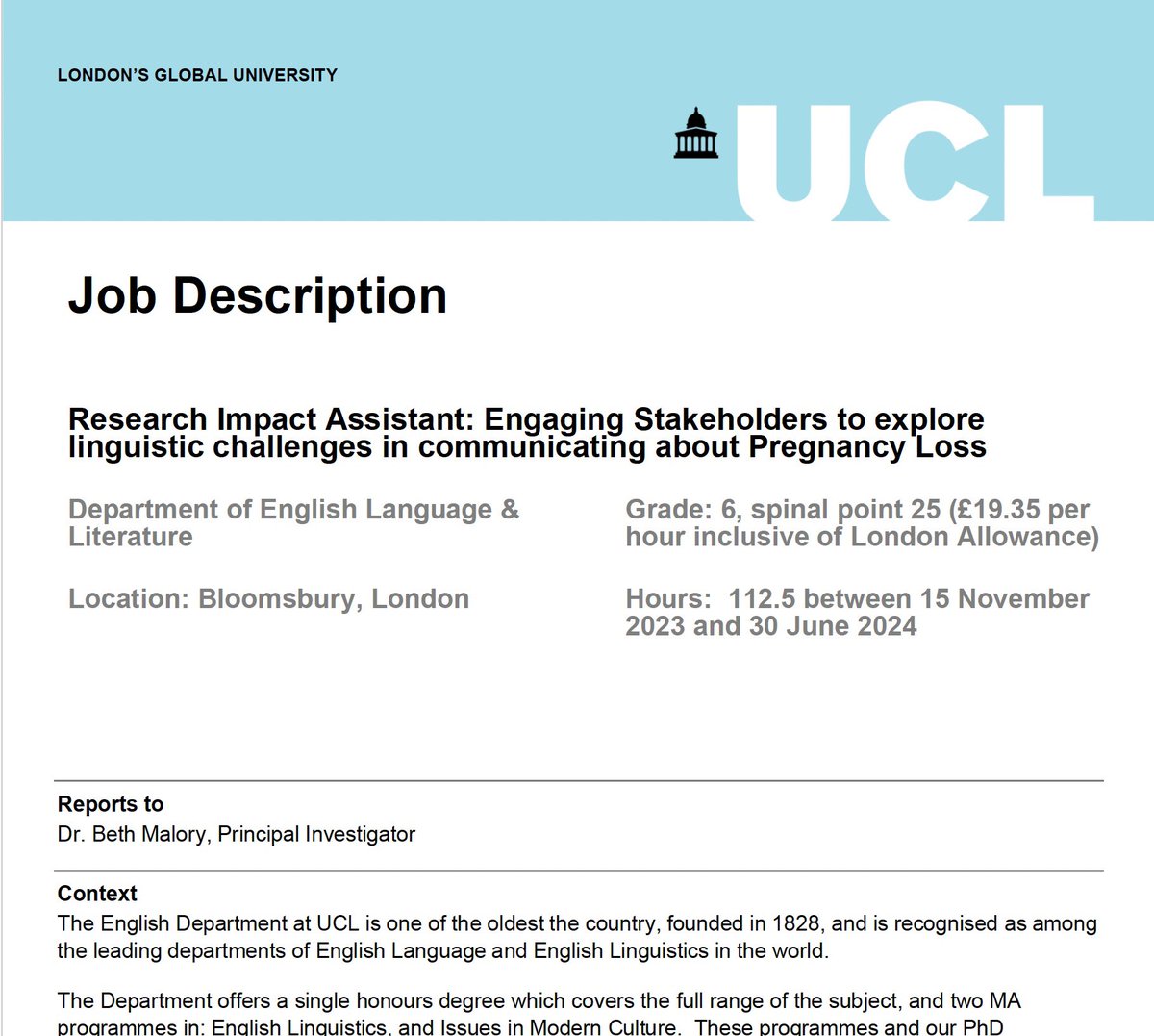 * RA Opportunity *

I’m looking for someone to work with me on my current UKRI-funded project; a collaboration with <a href="/tommys/">Tommy's</a> and <a href="/SandsUK/">Sands - baby loss charity 💙🧡</a> Would suit a PhD student specialising in linguistics and/or social research. 

Email for further details. RTs very welcome! 🙏