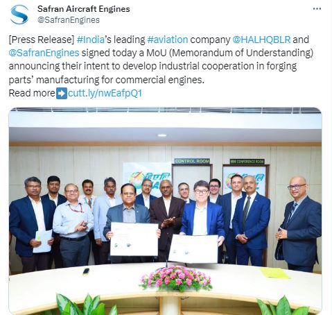 DefenseMirror's tweet image. France’s Safran, India’s HAL Sign MoU on Commercial Engine Parts Production: defensemirror.com/news/35294/Fra…

.@SafranEngines @HALHQBLR #India #commercialengine #Safran #HAL