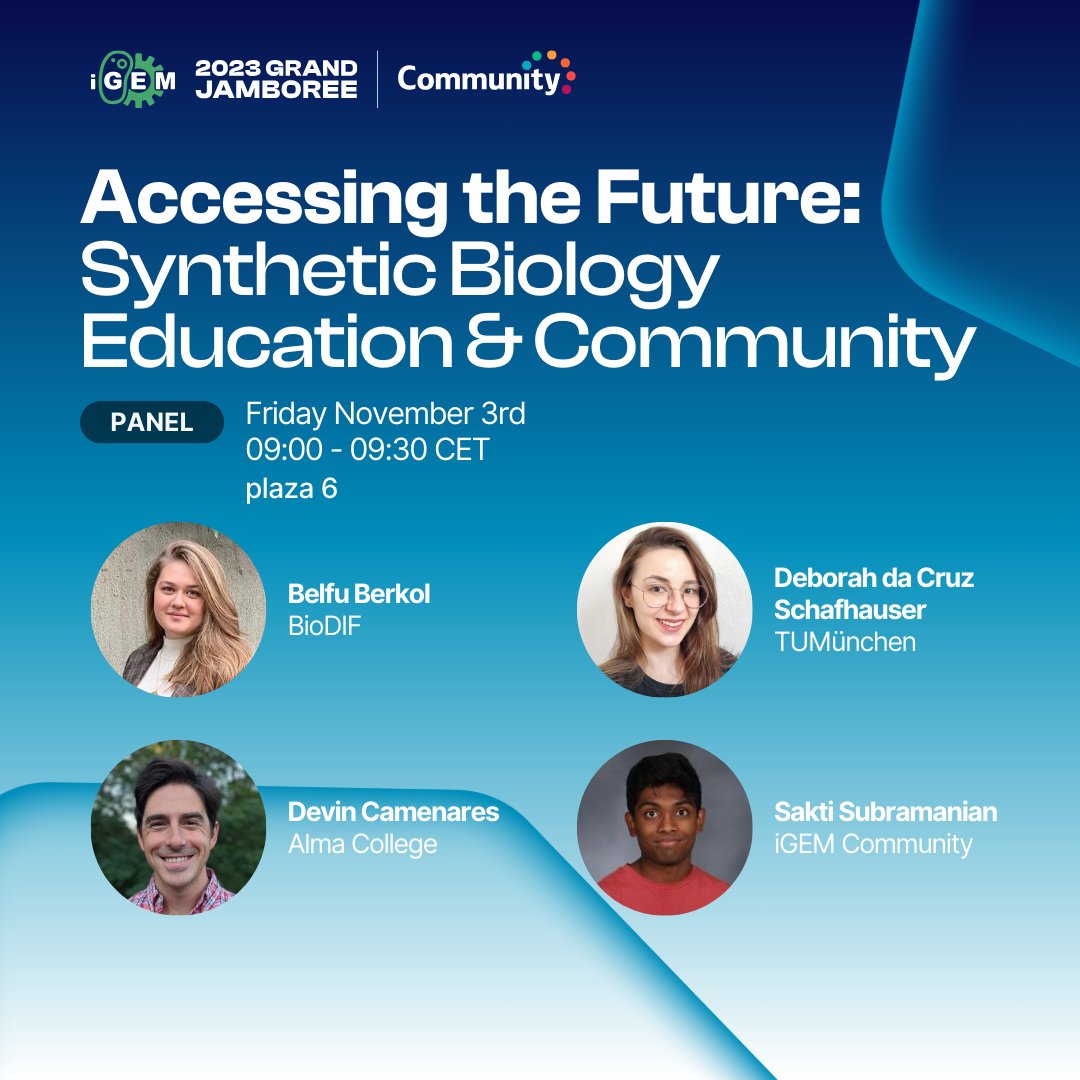 iGEMCommunity's tweet photo. @cizolnier @ds_sci @Larissa01517524 Panel on SynBio education and BioArt workshop at the 2023 iGEM Grand Jamboree led by members of the synthetic biology community

Accessing the Future: Synthetic Biology Education &amp; Community

iGEM BioArts Lab: Information &amp; Ideation Workshop

https://t.co/PMBIUAiYLx

4/n https://t.co/YRuWJPbSZr