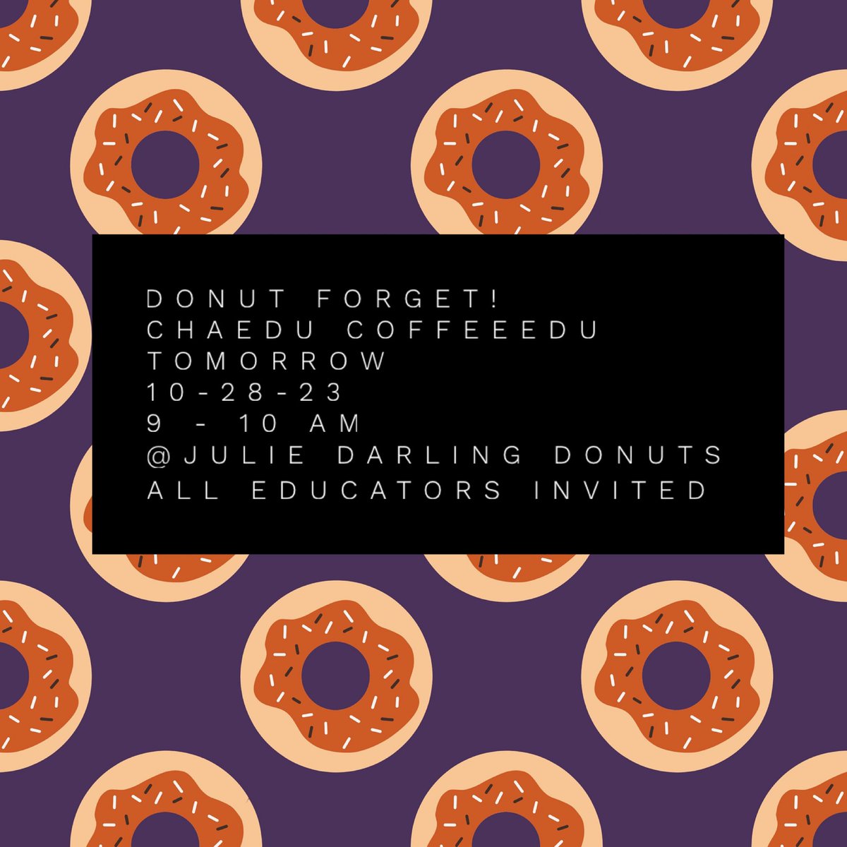 juliedavisEDU's tweet photo. All Chattanooga area educators are invited to the October meetup! Grab a donut and talk education topics of your choice. Hope to see you in the morning! #chaedu #coffeeedu https://t.co/7bcX1DiDNZ