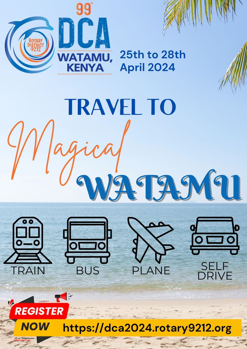 d9212_'s tweet photo. 🌴 Heading to Magical Watamu for the 99th DCA? Here's how to get there, the fun way! ✨

✈️ Flying in? ✈️
🛤️ Taking the SGR? 🚆
🚗 Self-driving? 🚗
🚌 By bus? 🚌

You can always carpool for a road trip adventure! 🚙👭

Register now to join the excitement: https://t.co/NcJYZ4cK3Q https://t.co/vjsJhbX8As