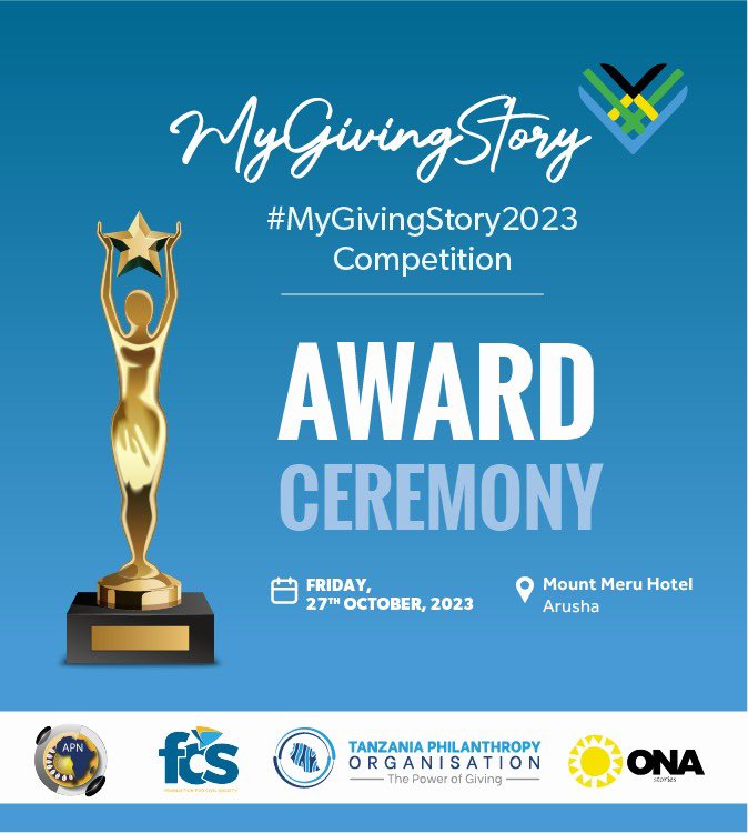 🏆 Are you Ready! We're thrilled to announce the winners of the #MyGivingStory2023 competition at the Mount Meru Hotel in Arusha today. It's a day of inspiration, recognition, and the spirit of giving. Stay tuned for updates!🌟🙌 @InfoAPN @FCSTZ @OnaStories @EAPhilanthropy