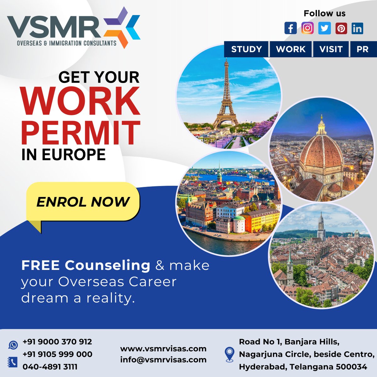 vsmr_visas's tweet image. Ready to start your career in Europe? 🌍 Our team of experts at VSMR Visa Consultancy will guide you through the process of getting your work permit. 
Call us 
Dial : 040-4891 3111
Call : +91 9000 370 912
What's Up : +91 9105 999 000
Email : info@vsmrvisas.com
#vsmr #europework