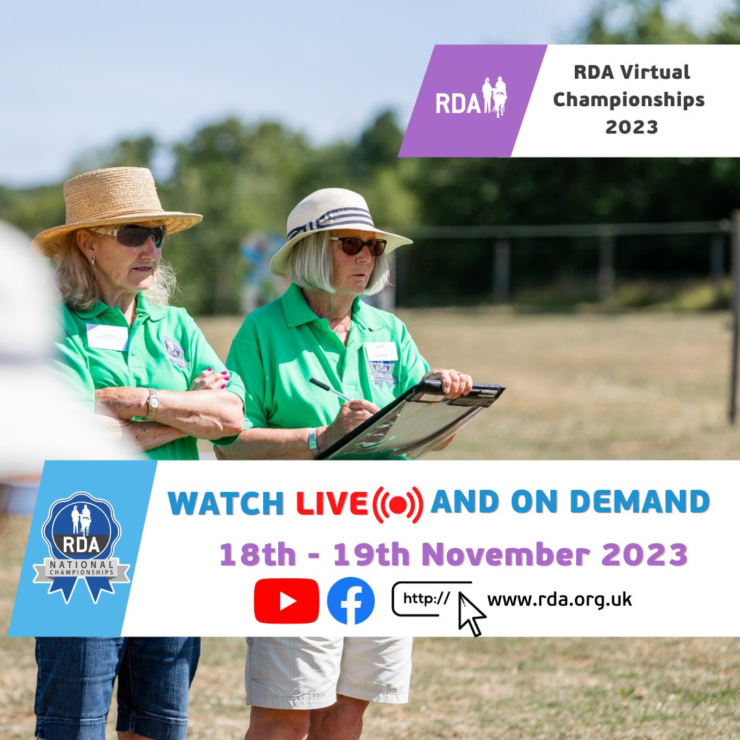RDAnational's tweet image. The RDA Virtual Championships are nearly here!

The events wil be livestreamed on the 18th - 19th of November on our Facebook Page and YouTube Channel @RDANational with live commentary from Rosie Russell and Lauren O'Hagan and special guests 🌟

#RDAVNC23