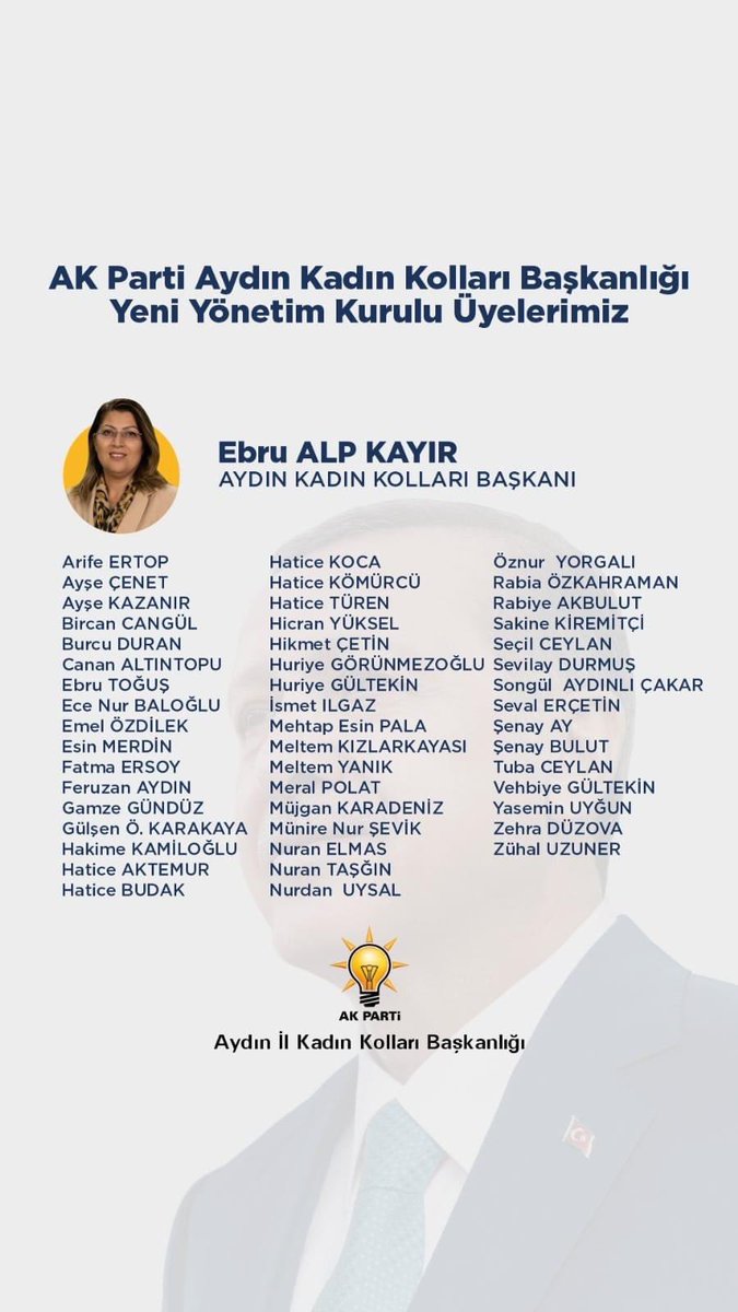 Kadın Kolları İl Başkanımız Sn. Ebru Alp Kayır Başkanlığında oluşan; AK Parti Aydın İl Kadın Kolları yürütme ve yönetim kurulu üyelerimize hayırlı olsun dileklerimizi iletiyor, #TürkiyeYüzyılı’nda yapacak oldukları çalışmalarda üstün başarılar diliyoruz.