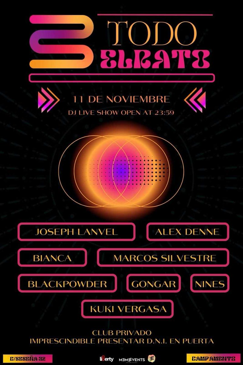azu_suena's tweet photo. Sabado 11 de Noviembre, nueva edición #TodoElRato #LibertyPriveéClub (Calle Seseña, 32 <M> Campamento). Música by #JosephLanvel #MarcosSilvestre, #AlexDenne #Blackpowder #Bianca #KukiVergasa entre otros. Y recuerda horario extendido!

listas o reservas➡️ https://t.co/Xxdh1uWQr9 https://t.co/ToDiqKSYQM