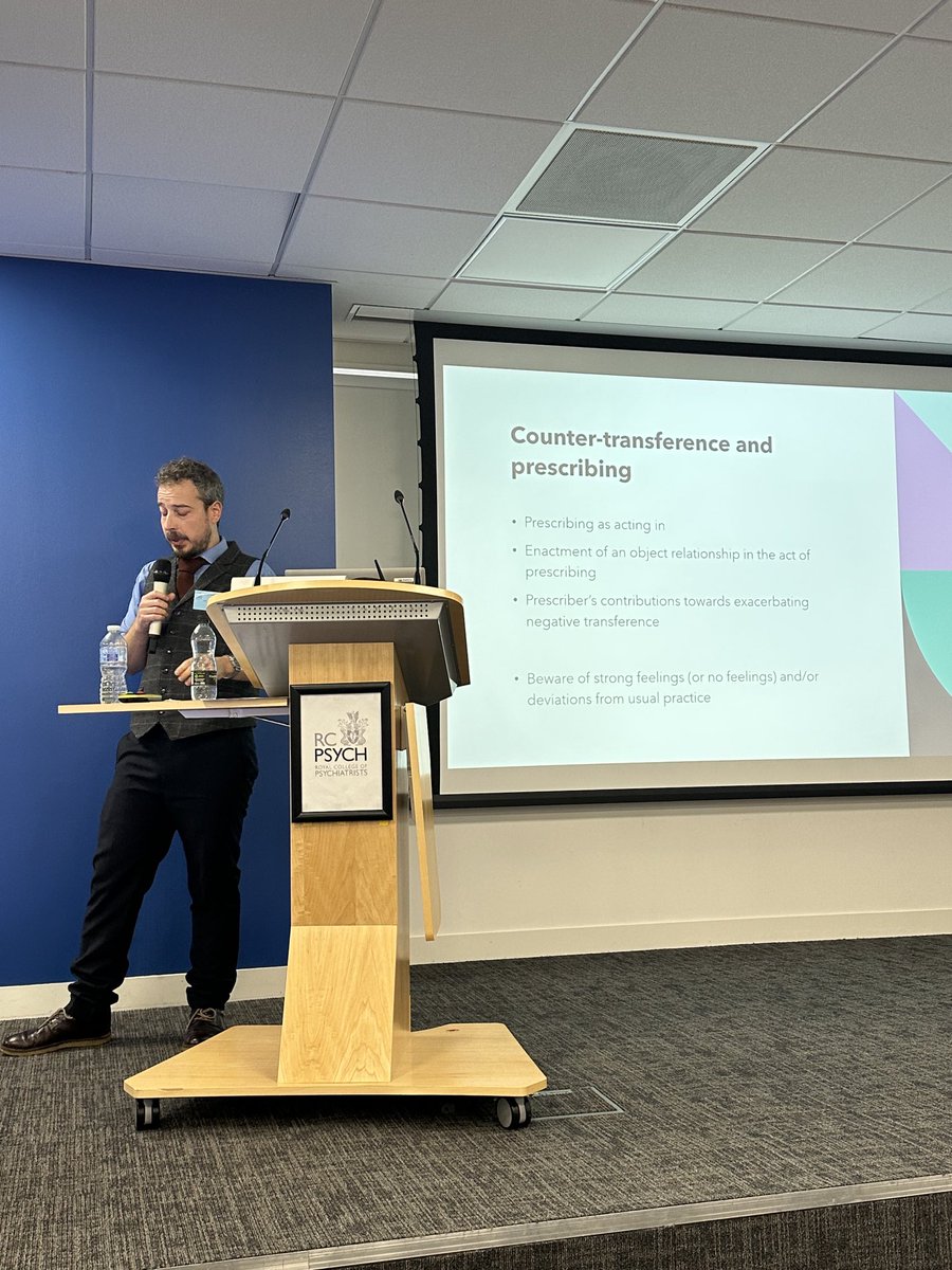 drrachelgibbons's tweet photo. This years Psychodynamic Psychiatry day at the RCPsych. Excellent so far. The Psychodynamics of Prescribing “a medication might be prescribed because either the patient or clinician has a feeling they might want to get rid of”. From Dr Dimitrios Chartonas. ⁦@rcpsych⁩ ⁦ https://t.co/ju0UvQJSN7