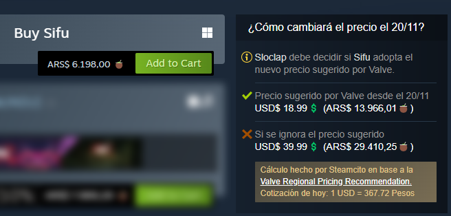 TasherTv's tweet photo. Si no vieron la actualización de la extensión Steamcito, ahora estima el precio sugerido al dólar Steam este 20/11, úsenlo sabiamente.

Ejemplo toma Sifu:
Ahora $6.198

Precio sugerido (20/11): 
$13.966

Si ignora el sugerido:
$29.410

Paso ejemplos de USD LATAM🧵 https://t.co/1r7nPtfkek