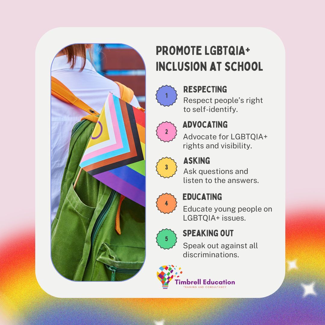 Here's some tips on promoting LGBTQIA+ inclusion at schools.

You'll find many more resources as part of our twilight and INSET training. Find out more at timbrelleducation.com 

#LGBTQIAInclusion #RespectSelfIdentity #AdvocateForRights #EducateToEmpower