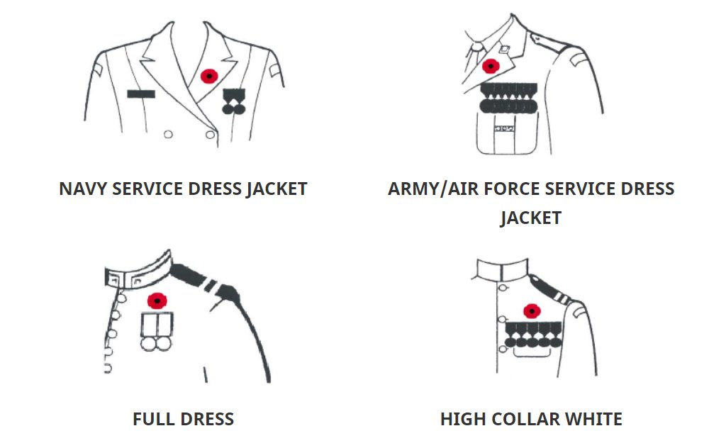 army_SM_armee's tweet photo. The poppy is an international symbol of remembrance to commemorate those who sacrificed so much. It's worn starting today until Remembrance Day. Here are the proper positions for poppies while in uniform. https://t.co/1KR53vD8Dv