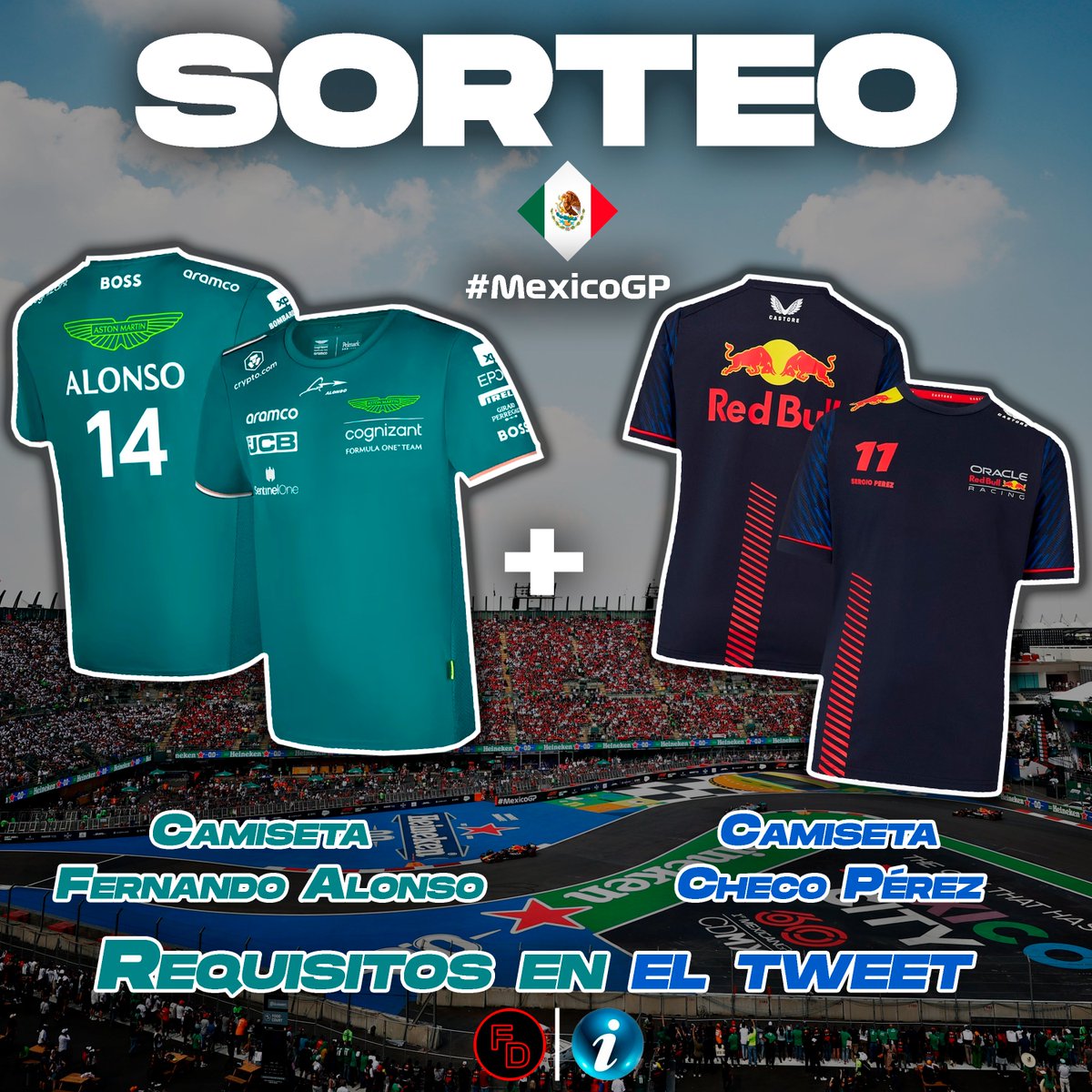 🚨 SORTEO 🚨

💥 Con la llegada del GP de México, sorteamos la camiseta y de FERNANDO ALONSO y CHECO PÉREZ.

✅ Seguir a <a href="/FormulaDirecta/">Fórmula Directa</a> y <a href="/Ctinfo_17/">Ctinfo_17</a>

🔁 RT a este tuit

☘️ ¡SUERTE! ☘️

#F1 #Sorteo #Gratis #MexicoGP