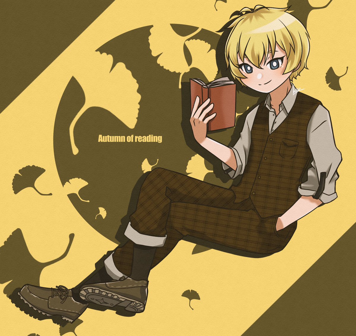 1boy blonde hair male focus book smile vest solo  illustration images