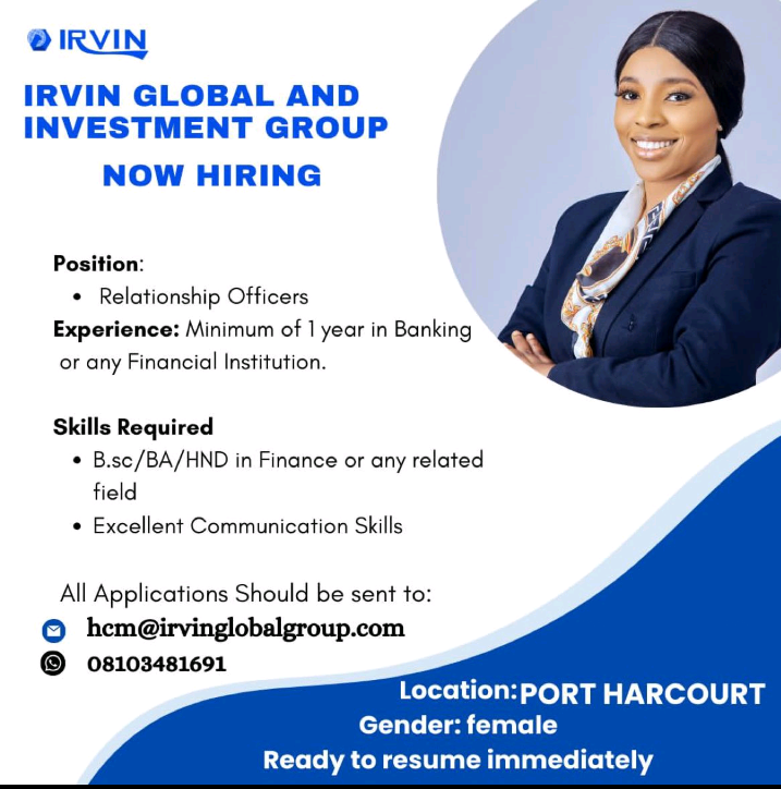 PhJobs237439's tweet photo. RELATIONSHIP OFFICER

IRVIN Investment and Global Resources is hiring to fill the position above.

Location: Port-Harcourt
Employment Type: Full-time

See photo for more details.👇 https://t.co/gP2S7aPm8o