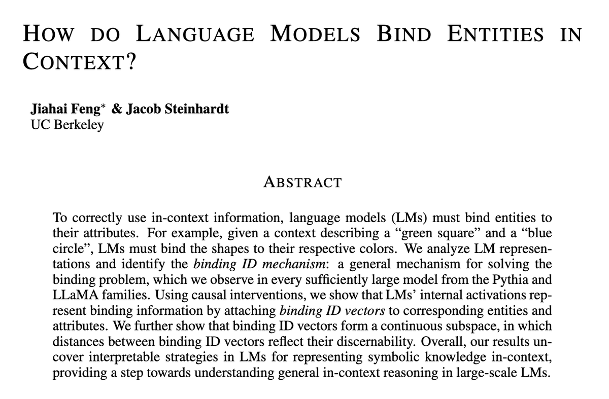 When given context about a “green square” and a “blue circle”, how do language models bind corresponding shapes and colors?

Using causal experiments, we find that large enough language models learn simple structured representations for binding!

A thread (1/n)