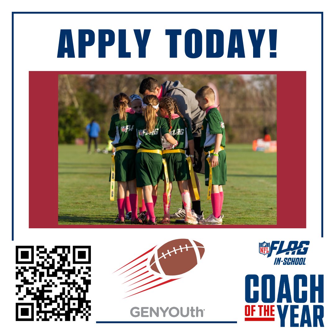 GENYOUthNow's tweet image. Know a #coach or P.E. teacher who has made a positive impact on #youth in your community? Submit your nomination for the 2023 NFL FLAG-In-School Coach of the Year Award! Visit flag.genyouthnow.org TODAY for all the details! #NFLFLAGInSchool