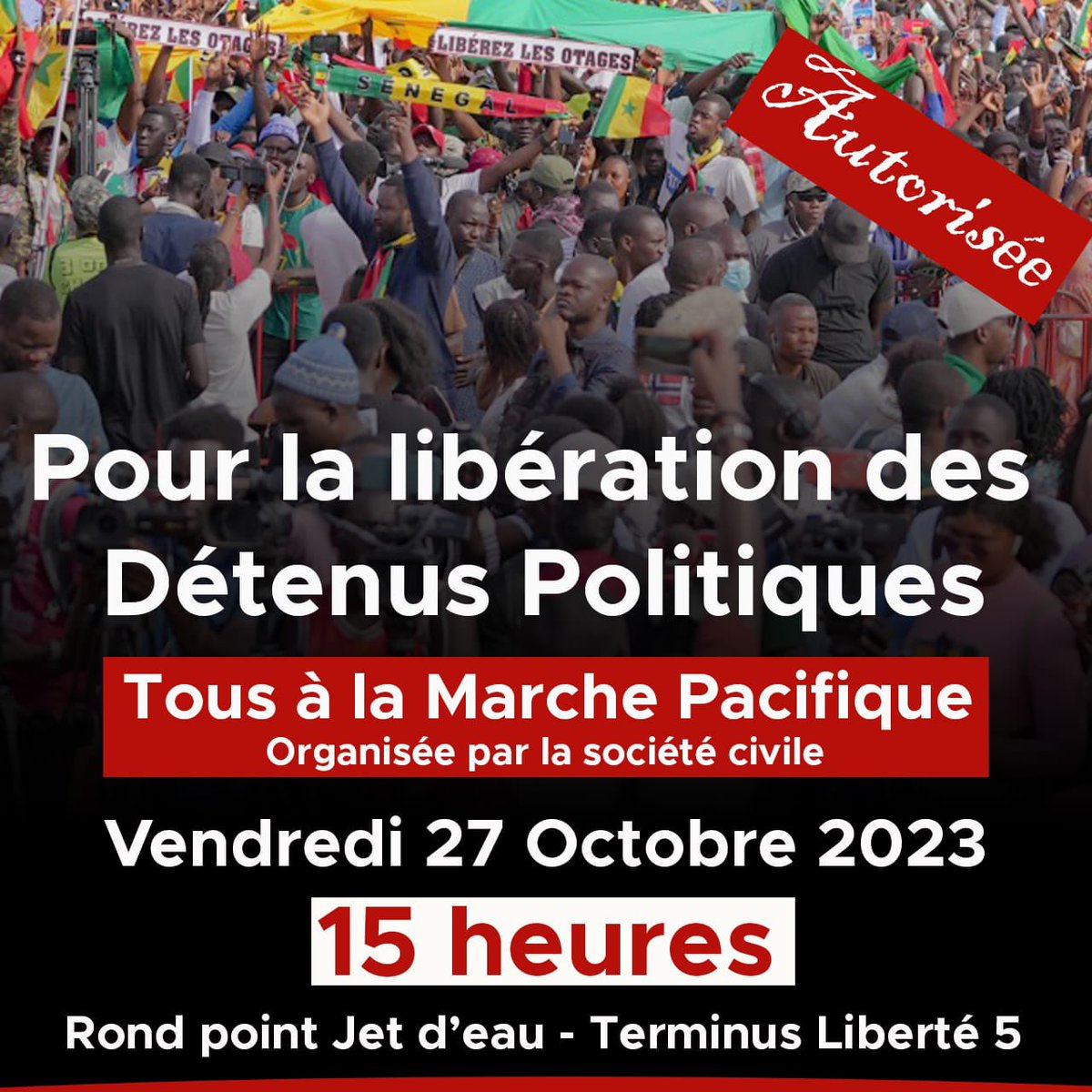 vieuxaidara's tweet photo. ⚠️ ⛔️ La marche pour la libération des détenus politiques est “autorisée”. Aujourd'hui à 15h00
Départ : rond-point Jet d'eau
Arrivée : Terminus Liberté 5.
Marche initiée par #Amnesty #Article19 et #LSDH, en collaboration avec le #F24. SOUTENONS LÀ !! PARTAGEONS MASSIVEMENT ⚠️⛔️ https://t.co/dSz5ZQmBmr