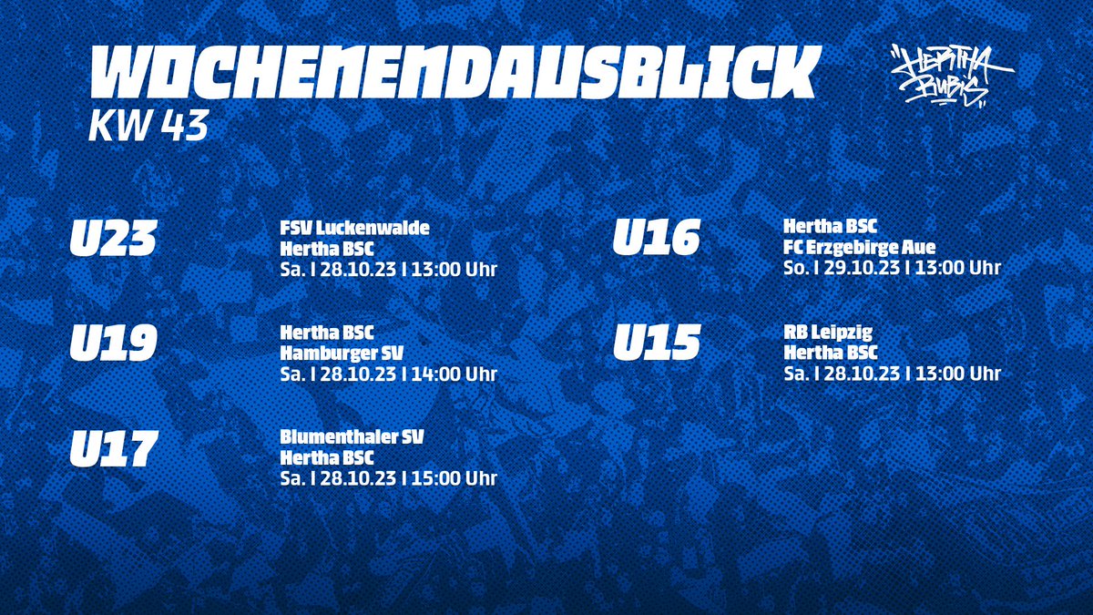 HerthaBubis's tweet photo. Unsere #BSCU19 & #BSCU16 müssen zu Hause ran, die #BSCU23, #BSCU17 & #BSCU15 wollen auswärts punkten! 💪✊
Der Ausblick zum Bubis-Wochenende: https://t.co/2oBNPENzBT ⬅️
#HaHoHe https://t.co/25HDiD8bjc