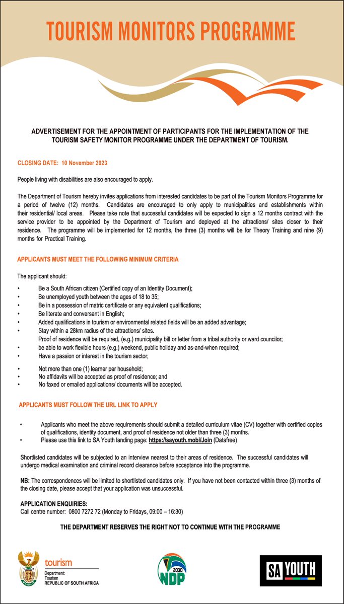 Tourism_gov_za's tweet photo. TOURISM MONITORS PROGRAMME
Please use this link to SA Youth landing page: https://t.co/UbvWBYcm5r (Datafree)
Closing date is 10 November 2023
#TourismMonitorsProgramme
#TourismMonitors
#WeDoTourism https://t.co/lFiGfESKr4