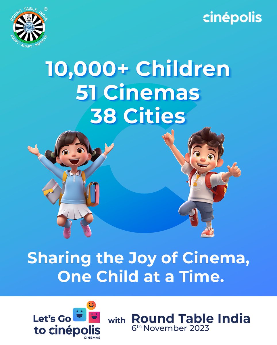 roundtableindia's tweet photo. Join us in this heartwarming journey wherein Round Table India collaborates with Cinepolis, to spread smiles like never before.

On 6th November, across 38 cities and 51 cinemas, we're sharing the joy of free cinema with as many as 10,000 children, https://t.co/fztgDP4KqN