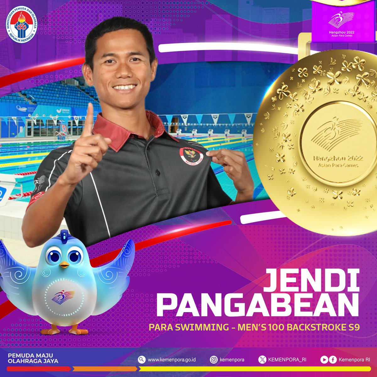 EMAS KE-25 UNTUK INDONESIA!!

Jendi Pangabean berhasil mempersembahkan medali emas bagi Indonesia di nomor Men's 100m Backstroke S9.

Jendi meraih posisi pertama dengan catatan waktu 1:05.74

Selamat Jendi!

#Kemenpora
#PemudaMajuOlahragaJaya
#AsianParaGames
#Hangzhou2022