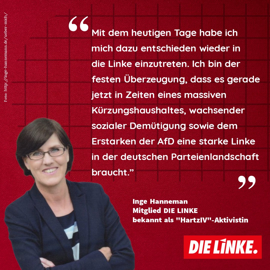 Ehem. #HartzIV-Aktivistin tritt wieder in #DieLinke ein!
'Gerade Menschen in tiefer Armut, welche sich nicht gehört fühlen und gerade deshalb eine große PolitikerInnenverdrossenheit an den Tag legen, finden immer noch zu wenig Berücksichtigung', 💬 Inge Hannemann im SPIEGEL.🧵1/2