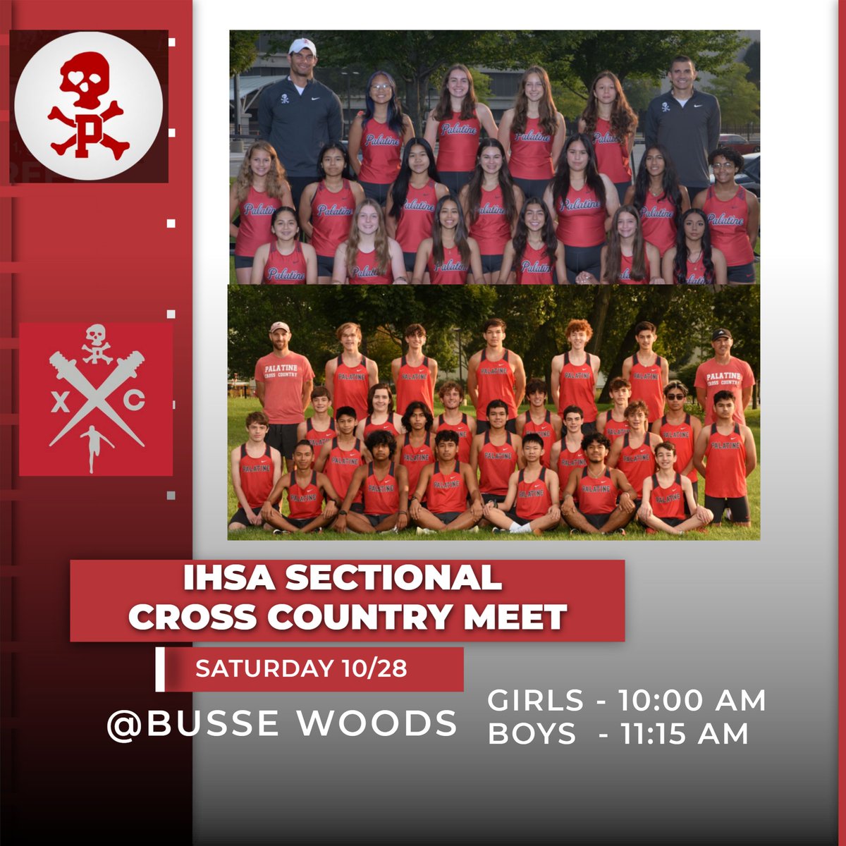 Good luck to the Boys and Girls Cross Country Teams as they will compete tomorrow at the IHSA Sectional Meet at Busse Woods! Girls race at 10:00 Boys race at 11:15 GO PIRATES!!!