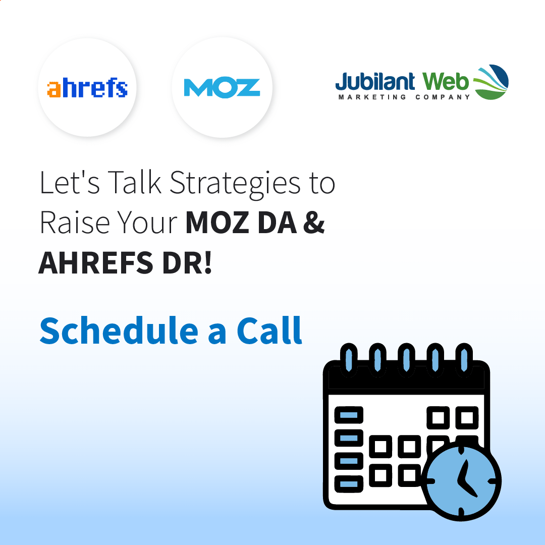 JubilantWeb's tweet photo. Let's Talk Strategies to Raise Your MOZ DA &amp; AHREFS DR! Schedule a Call with our experts and uncover how to enhance your website's authority. Boost your online presence!

#SEO #DomainAuthority #DigitalStrategies #OnlineMarketing https://t.co/E1VRLCGJGN